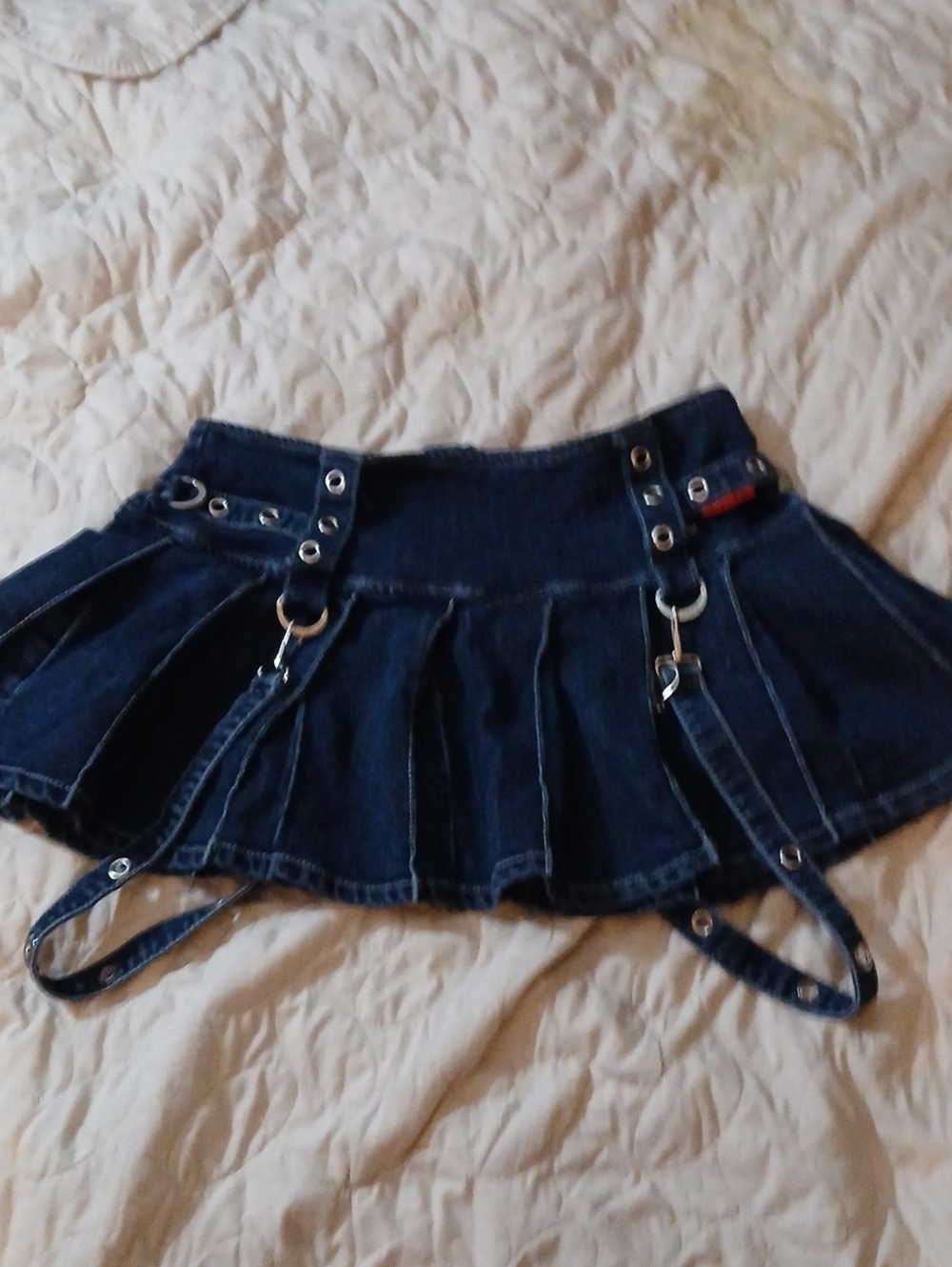 Vtg Tripp NYC Dark Denim Pleated Mini Skirt with Grommet Suspender Straps